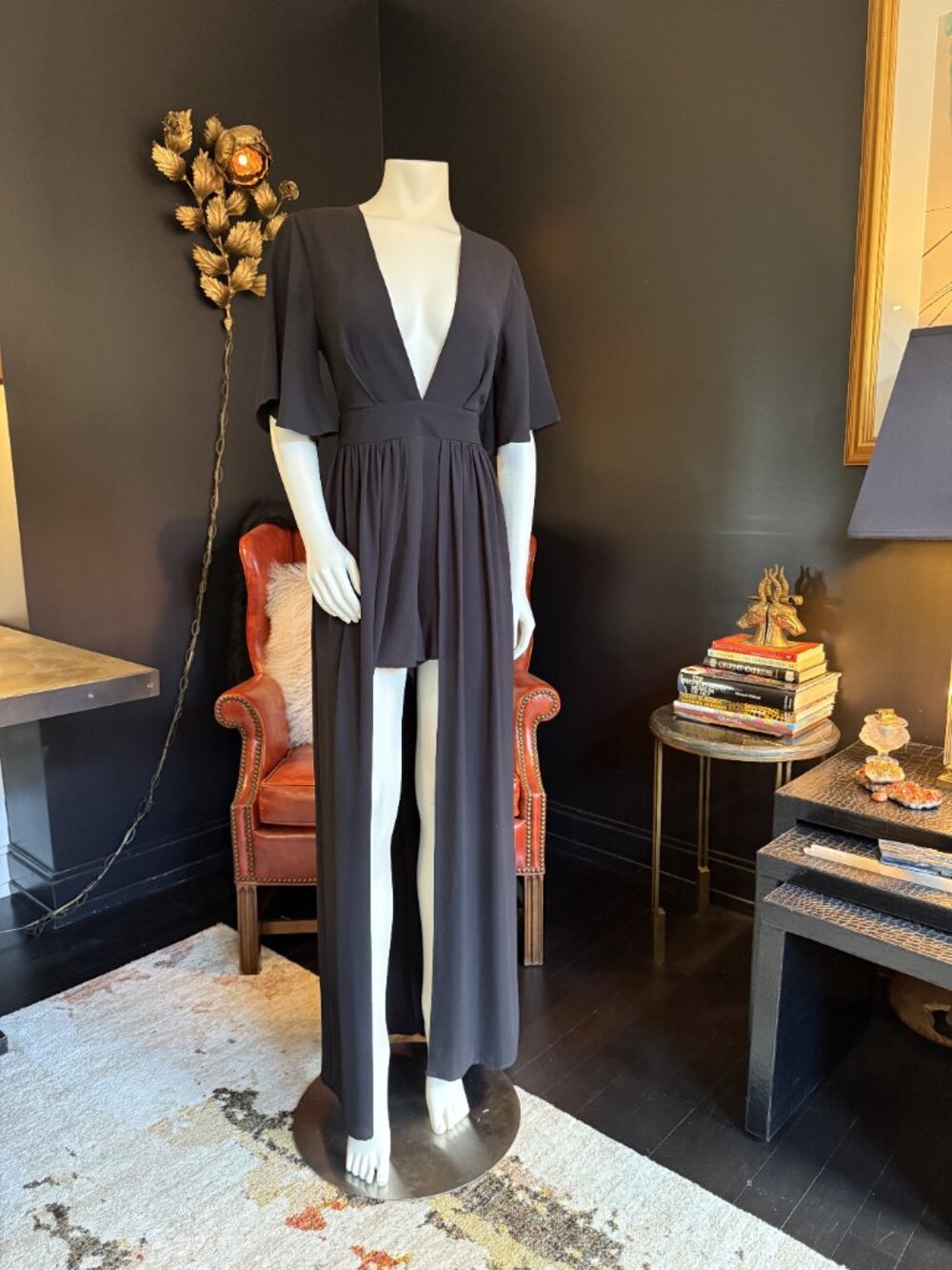 Black Draped Jersey Maxi Dress Front Slit Open Tie-Back M